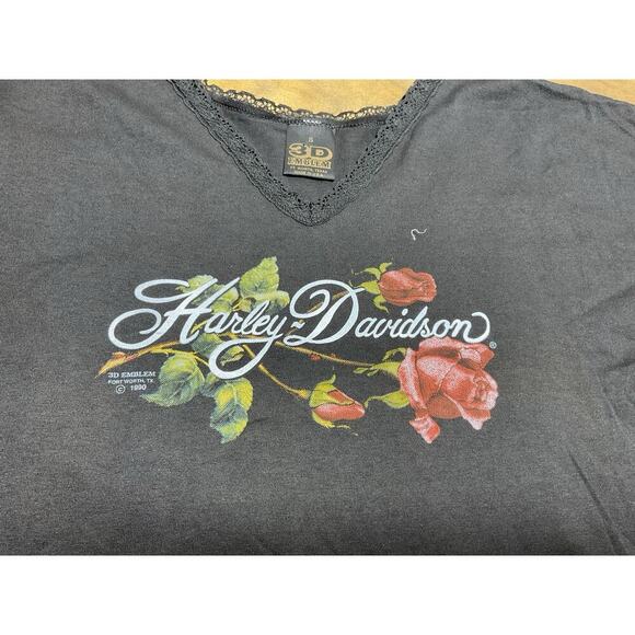 Vtg Harley Davidson 3D Emblem Womens V-Neck Lace Biker Crop Shirt Size Small - Picture 2 of 9